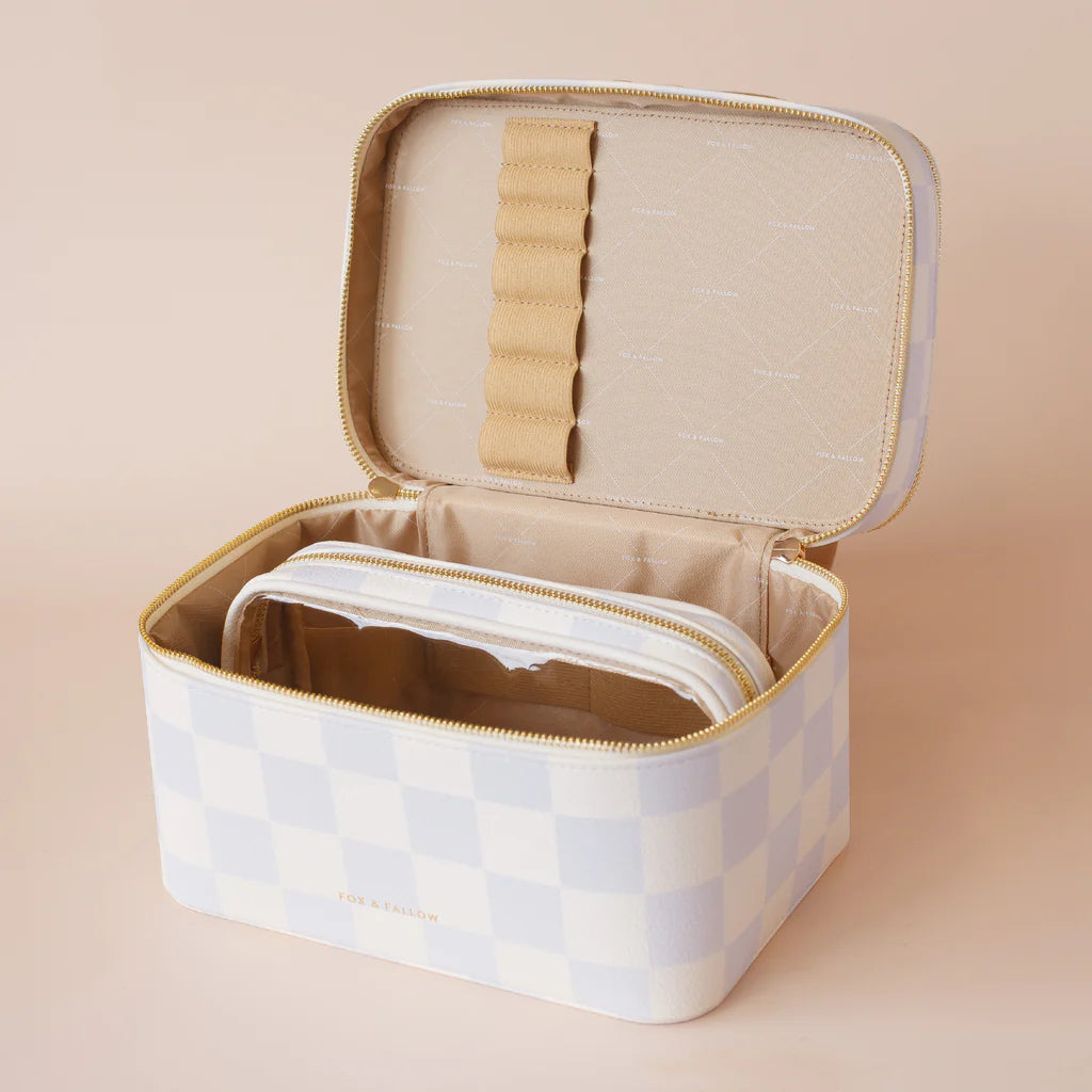 Powder Check Vanity Case-Fox & Fallow-Say hello to your new bestie - the Fox & Fallow 'Classic' Vanity Case! She’ll get you organised and keep you organised, whipping your skincare and makeup routine into shape. Not just for travel, it's the perfect bag for everyday! • Vanity Case: 24 x 16.5 x 17.5cm.• Box: 26 x 20 x 20cm.• Pebble vegan leather with a tan lining.• Dual layer with elastic loops.• Internal zip pocket.• Gold hardware.• Two handles and two zippers for easy access.• Bonus removable clear bag.• M