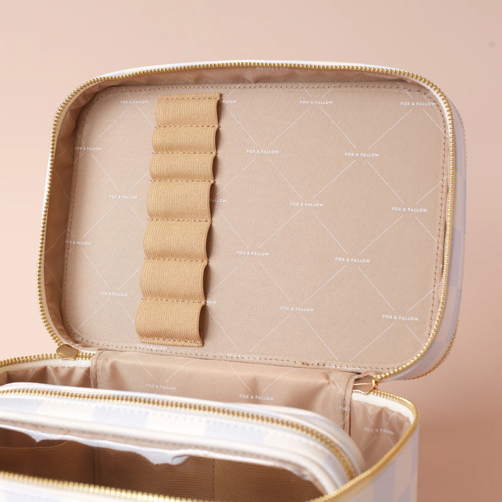 Powder Check Vanity Case-Fox & Fallow-Say hello to your new bestie - the Fox & Fallow 'Classic' Vanity Case! She’ll get you organised and keep you organised, whipping your skincare and makeup routine into shape. Not just for travel, it's the perfect bag for everyday! • Vanity Case: 24 x 16.5 x 17.5cm.• Box: 26 x 20 x 20cm.• Pebble vegan leather with a tan lining.• Dual layer with elastic loops.• Internal zip pocket.• Gold hardware.• Two handles and two zippers for easy access.• Bonus removable clear bag.• M