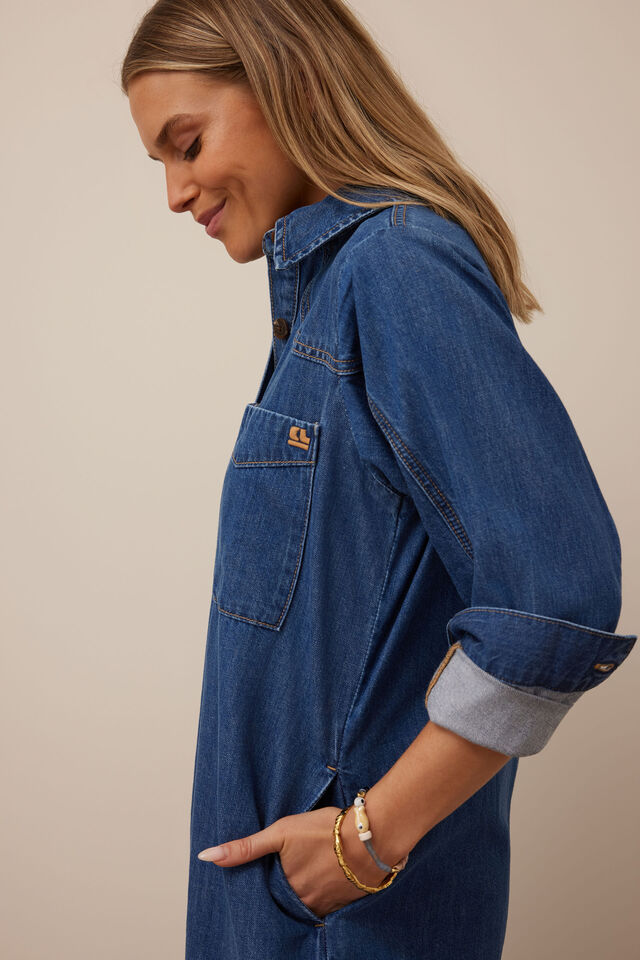 Rae Long Sleeve Midi Dress - Fresh indigo-Ceres Life-Long sleeve with button cuff Side seam pockets Button through Longer midi length-Pash + Evolve