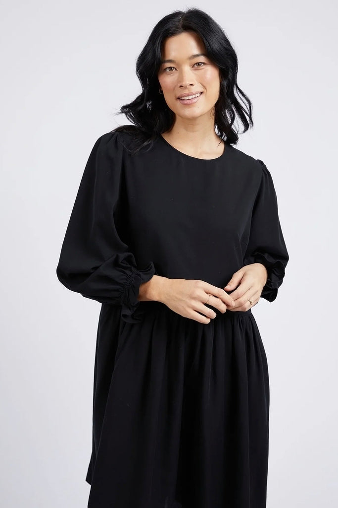 River Dress - Black-Elm-The ultimate dress for work. Throw on and go this effortlessly stylish dress that features a flattering gathered waist, long balloon sleeves and a round neckline. Gathered waist Pockets Long balloon sleeves Linen lyocell-Pash + Evolve