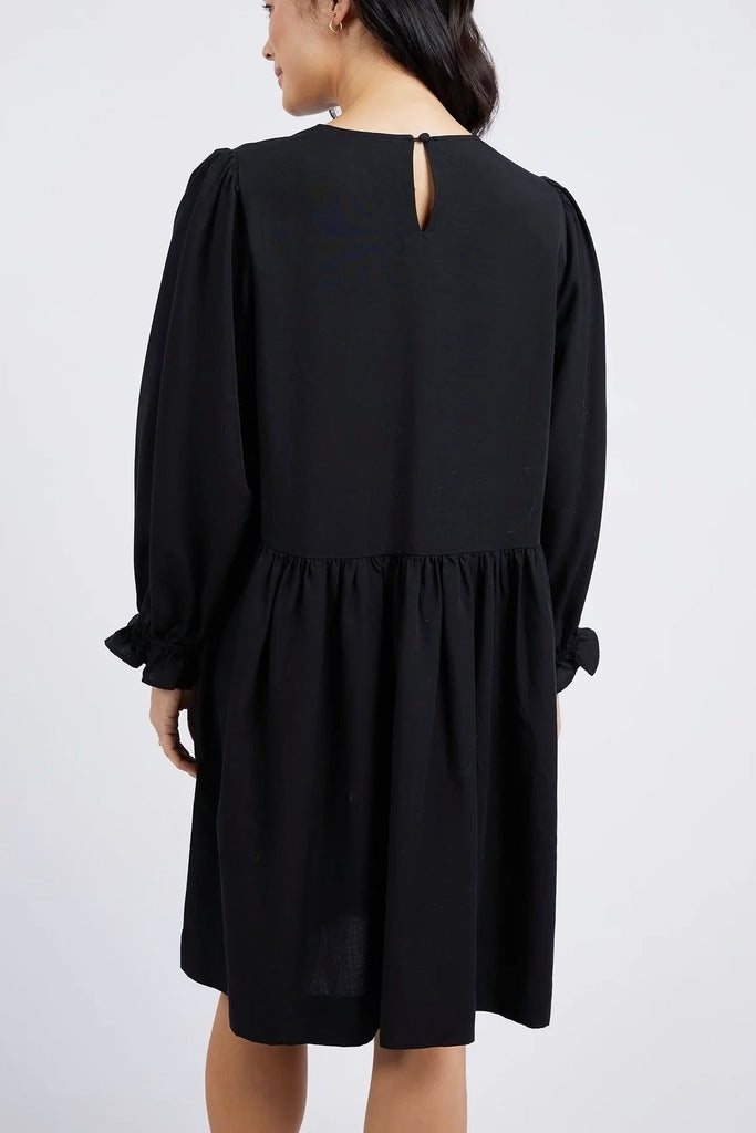River Dress - Black-Elm-The ultimate dress for work. Throw on and go this effortlessly stylish dress that features a flattering gathered waist, long balloon sleeves and a round neckline. Gathered waist Pockets Long balloon sleeves Linen lyocell-Pash + Evolve