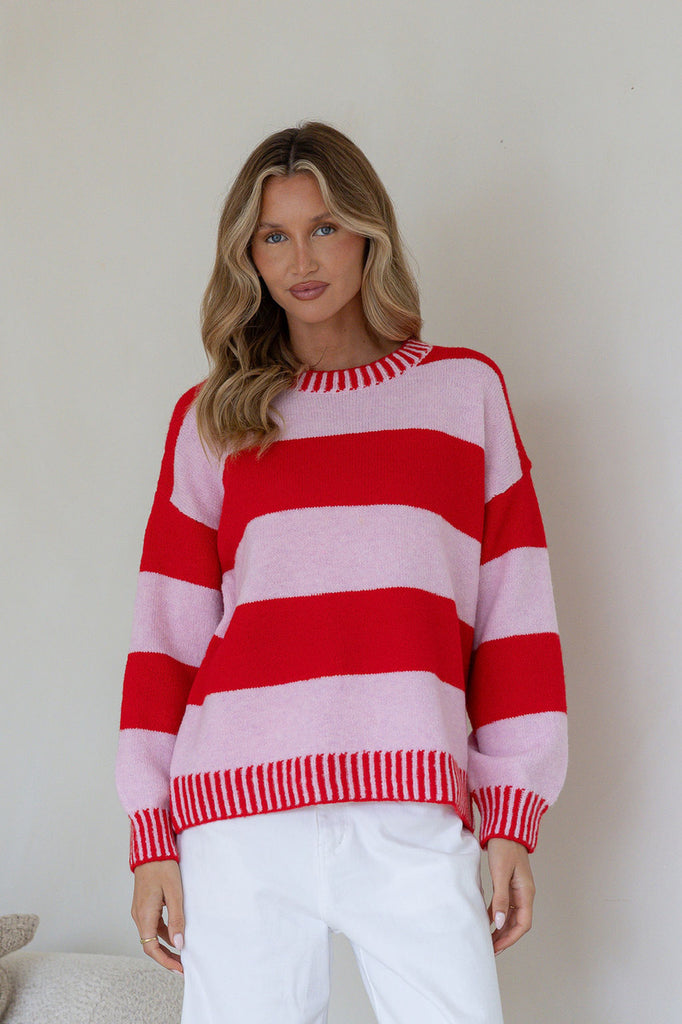 Rose knit - Pink/Red-Pash + Evolve-Super soft & Warm *Relaxed fit *Pink/Red stripe *Crew neckline with blanket stitching *65% Acrylic, 35% Wool-Pash + Evolve