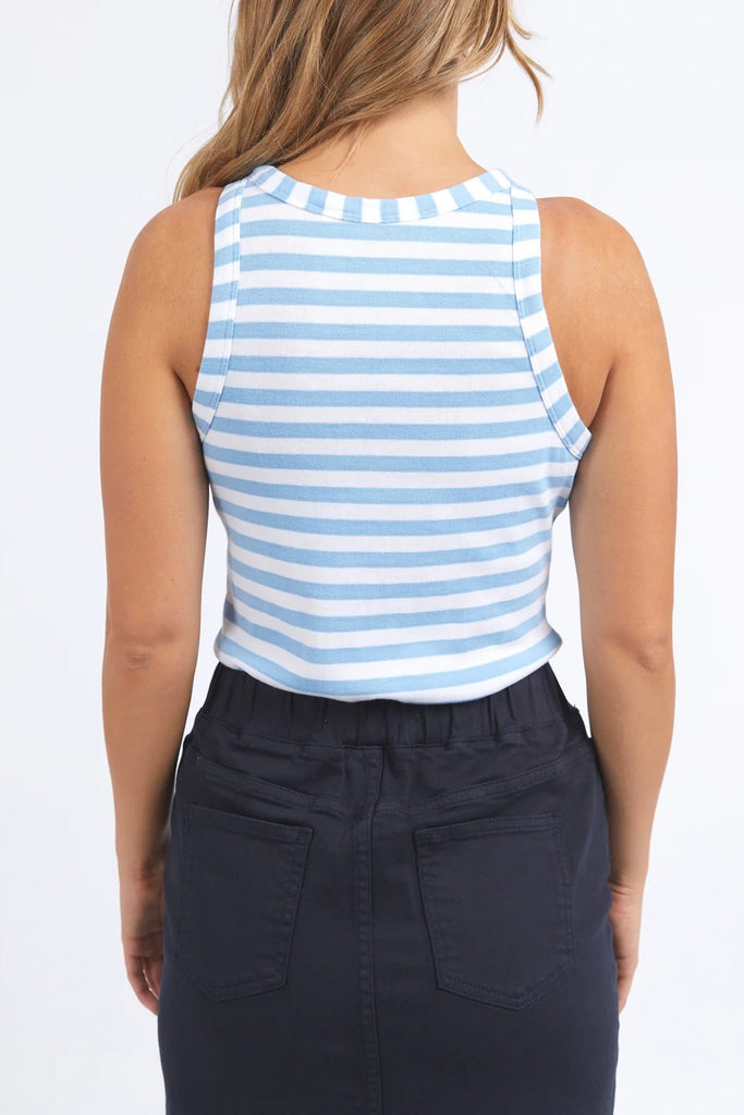 Ruth Tank - Blue Bell/ White Stripe-Foxwood-This slim fitting ribbed tank is the ideal piece for your warm weather wardrobe. Cute when worn by itself or layer if with an open shirt for a on-trend look. Slim fit Yarn dyed stripe Contrast stripe binding 100% Cotton Our model is 176cm and wears Size 10-Pash + Evolve