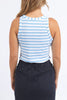 Ruth Tank - Blue Bell/ White Stripe-Foxwood-This slim fitting ribbed tank is the ideal piece for your warm weather wardrobe. Cute when worn by itself or layer if with an open shirt for a on-trend look. Slim fit Yarn dyed stripe Contrast stripe binding 100% Cotton Our model is 176cm and wears Size 10-Pash + Evolve