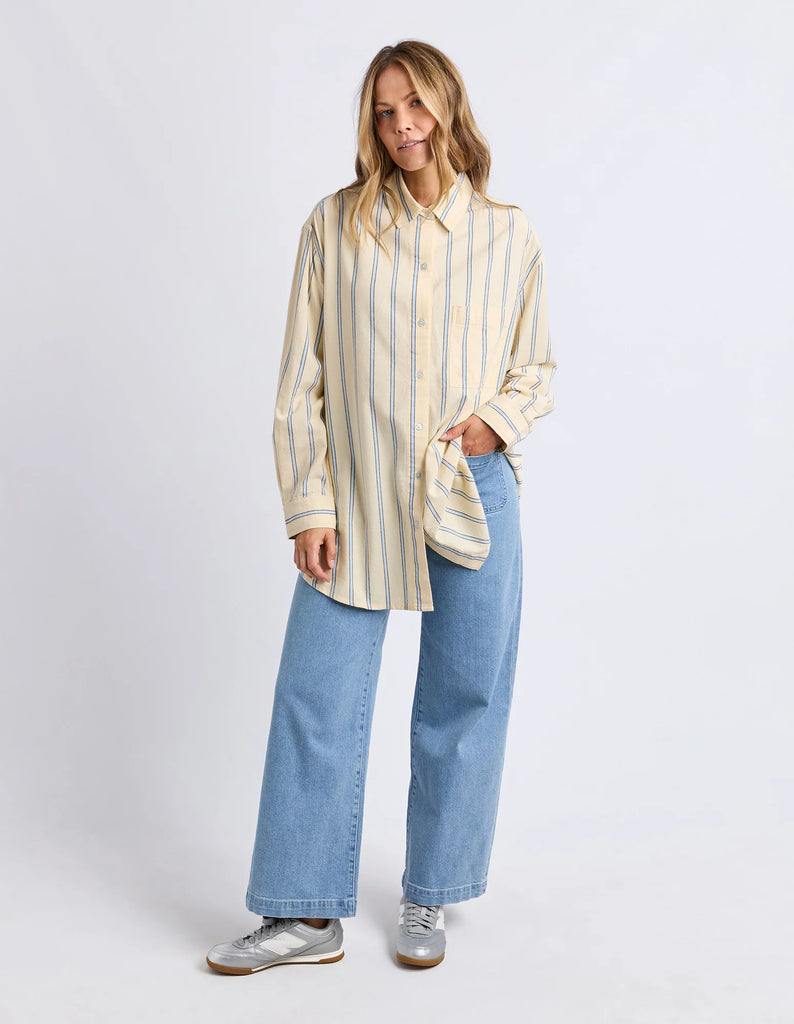 Sadie shirt - lemon/light blue stripe-Foxwood-Bright, breezy, and made for easy days—the Sadie Shirt brings a fresh pop of colour with its playful stripe and relaxed feel. The longer-line fit and chest pocket keep it laid-back, while the button-up front makes it easy to style your way. Perfect for throwing on and heading out, no overthinking required. Front button opening Chest pocket Longer line fit 56% Cotton 44% Viscose Our model is 176cm and wears Size 10-Pash + Evolve