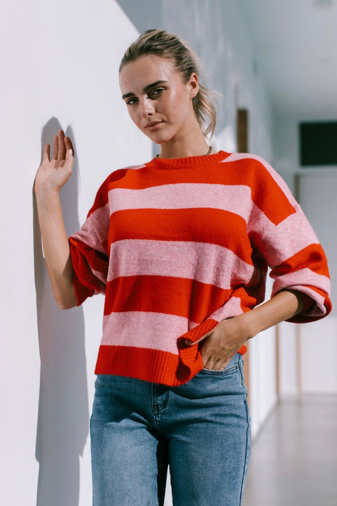 Sally knit - red/pink-Pash + Evolve-*Long sleeve *Red/pink stripe *Round neckline *65% Acrylic, 35% Wool-Pash + Evolve