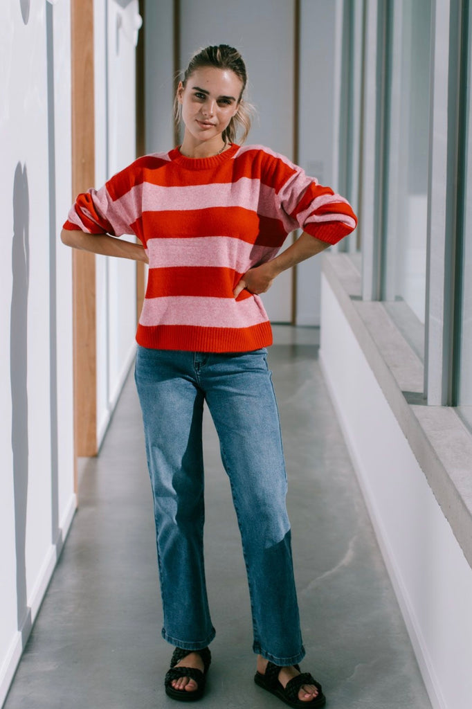 Sally knit - red/pink-Pash + Evolve-*Long sleeve *Red/pink stripe *Round neckline *65% Acrylic, 35% Wool-Pash + Evolve