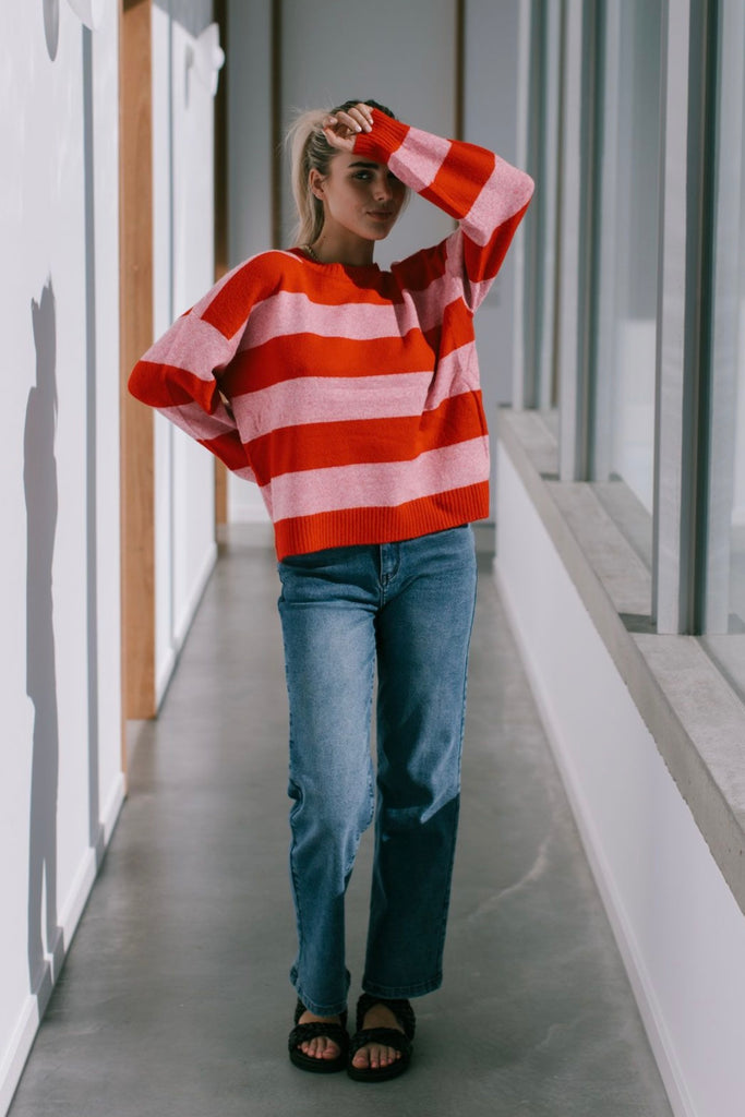 Sally knit - red/pink-Pash + Evolve-*Long sleeve *Red/pink stripe *Round neckline *65% Acrylic, 35% Wool-Pash + Evolve