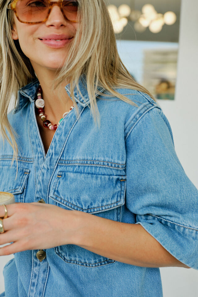 Sammy Relaxed Shirt Dress - Mid vintage blue-Ceres Life-Made from mid weight denim with soft finish Featuring 100% Organic denim Oversized fit Mini length with shaped hem and side splits Front pockets with hidden snap closure-Pash + Evolve