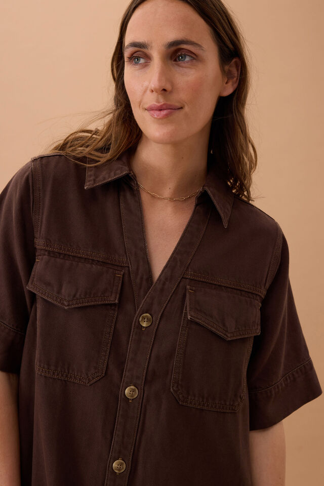 Sammy relaxed shirt dress - chocolate-Ceres Life-Made from mid weight denim with soft finish Featuring 100% Organic denim Relaxed fit Mini length with shaped hem and side splits Front pockets with hidden snap closure-Pash + Evolve