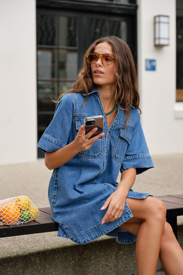 Sammy relaxed shirt dress - fresh indigo-Ceres Life-Made from mid weight denim with soft finish Featuring 100% Organic denim Relaxed fit Mini length with shaped hem and side splits Front pockets with hidden snap closure-Pash + Evolve