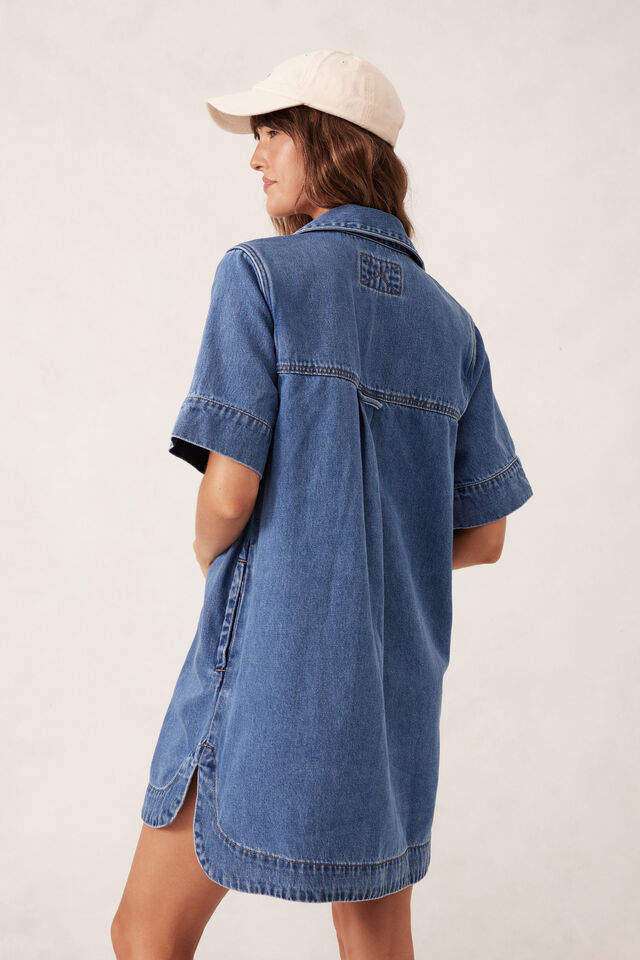 Sammy relaxed shirt dress - fresh indigo-Ceres Life-Made from mid weight denim with soft finish Featuring 100% Organic denim Relaxed fit Mini length with shaped hem and side splits Front pockets with hidden snap closure-Pash + Evolve