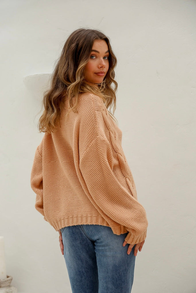 Sarah knit - camel-Pash + Evolve-Sarah is a super warm and stylish knit. Featuring a roll neck and detailing on the front. Sarah is the perfect knit for your Autumn/Winter wardrobe. *Roll neck *Long sleeves *Detailing on the front *65% Acrylic, 35% Wool-Pash + Evolve