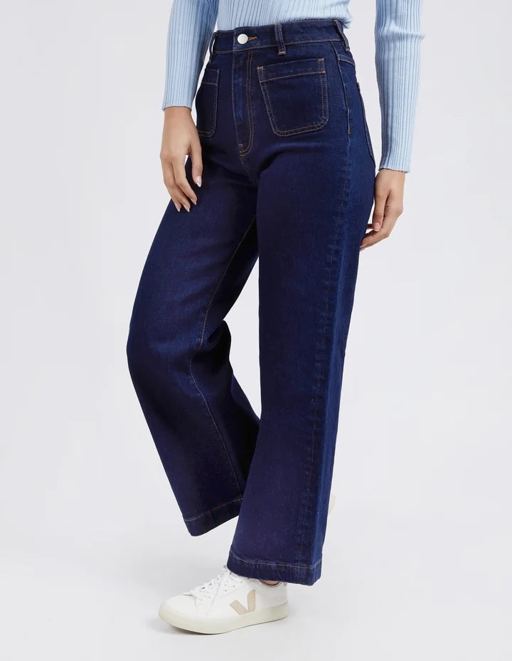 Sarah wide leg jean - indigo denim-Foxwood-A new high-rise jean featuring front patch pockets, a fitted waist and slightly wide leg. Wide leg High rise Front pockets Cotton Elastane Model is 176cm and wears Size 8-10-Pash + Evolve