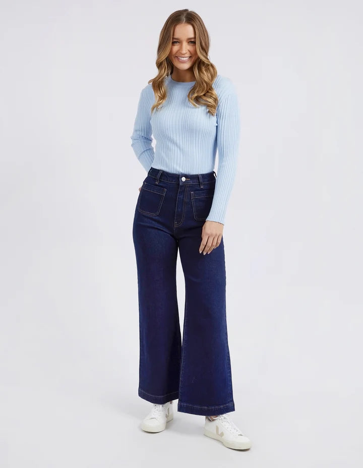 Sarah wide leg jean - indigo denim-Foxwood-A new high-rise jean featuring front patch pockets, a fitted waist and slightly wide leg. Wide leg High rise Front pockets Cotton Elastane Model is 176cm and wears Size 8-10-Pash + Evolve