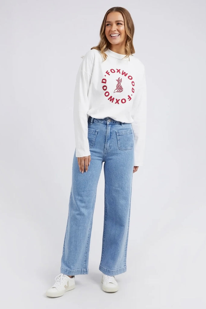 Sarah wide leg jean - light blue-Foxwood-A new high-rise jean featuring front patch pockets, a fitted waist and slightly wide leg. Fixed waist Wide leg fit Front pockets Rigid Denim Model is 176cm and wears Size 8-10-Pash + Evolve