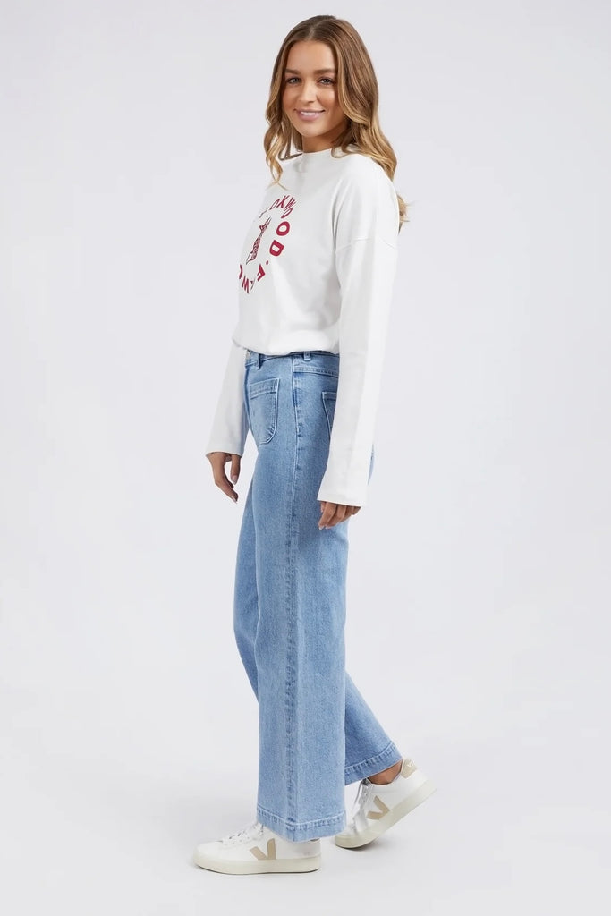 Sarah wide leg jean - light blue-Foxwood-A new high-rise jean featuring front patch pockets, a fitted waist and slightly wide leg. Fixed waist Wide leg fit Front pockets Rigid Denim Model is 176cm and wears Size 8-10-Pash + Evolve