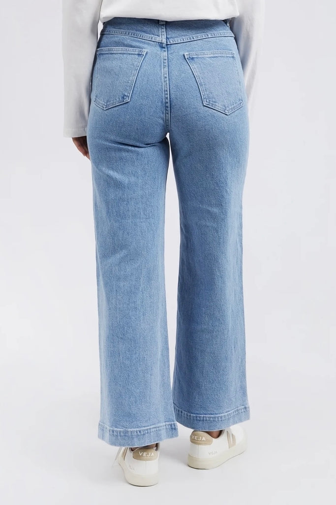 Sarah wide leg jean - light blue-Foxwood-A new high-rise jean featuring front patch pockets, a fitted waist and slightly wide leg. Fixed waist Wide leg fit Front pockets Rigid Denim Model is 176cm and wears Size 8-10-Pash + Evolve