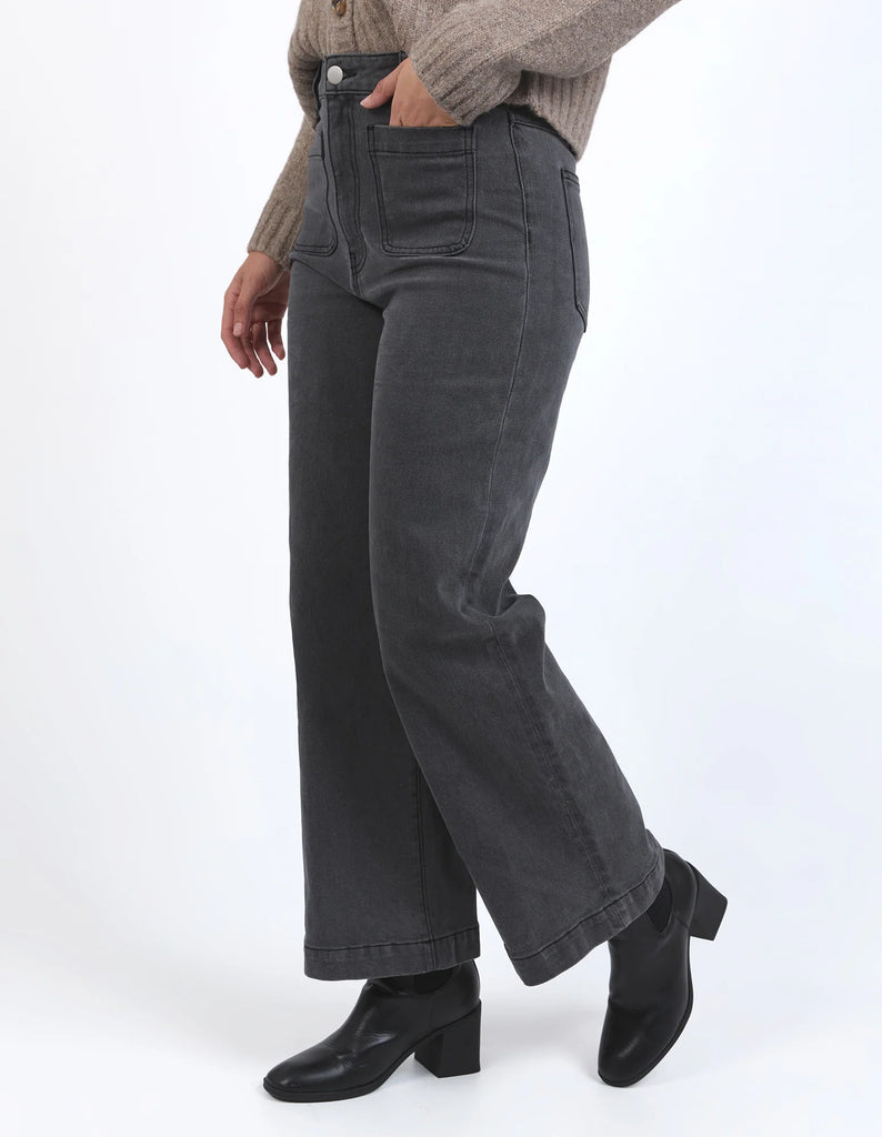 Sarah wide leg jean - washed black-Foxwood-A new high-rise jean featuring front patch pockets, a fitted waist and slightly wide leg. Wide leg High rise Front pockets 98% Cotton 2% Elastane Model is 176cm and wears size 10-Pash + Evolve