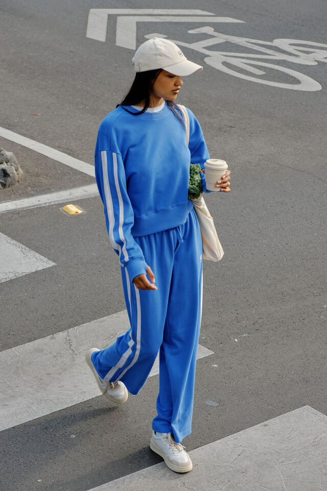 Sasha Sporty Slouchy Crew - Marine blue side stripe-Ceres Life-Organic Cotton blend Loopback Boxy fit Above hip length Shoulder stripe feature in contrast colour Thumb hole in cuff-Pash + Evolve