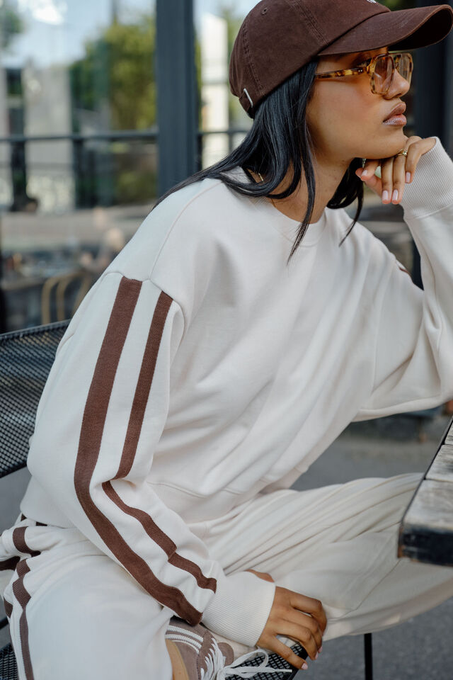Sasha sporty slouchy crew - buff chocolate side stipe-Ceres Life-Organic Cotton blend Loopback Boxy fit Above hip length Shoulder stripe feature in contrast colour Thumb hole in cuff-Pash + Evolve