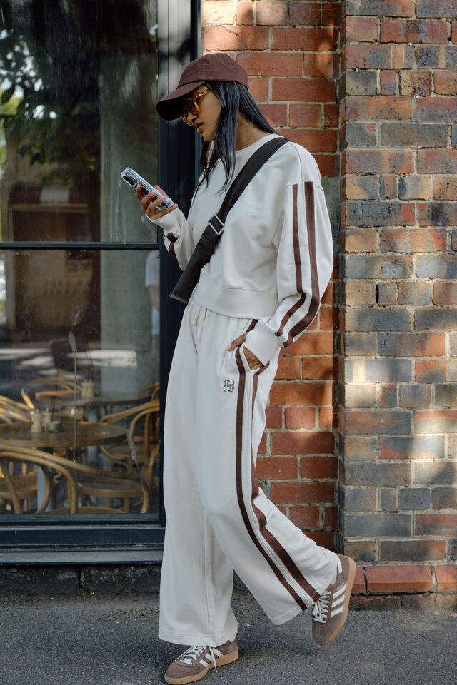 Sasha sporty slouchy crew - buff chocolate side stipe-Ceres Life-Organic Cotton blend Loopback Boxy fit Above hip length Shoulder stripe feature in contrast colour Thumb hole in cuff-Pash + Evolve