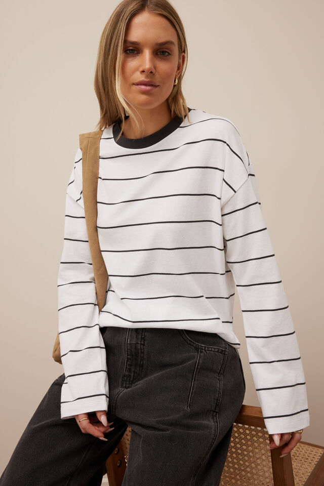 Scout Slouchy Long Sleeve Tee - White fine stripe-Ceres Life-Proudly made in Australian Cotton Oversized fit Drop Shoulder Step Hem Self fabric neck binding Soft Hand feel-Pash + Evolve