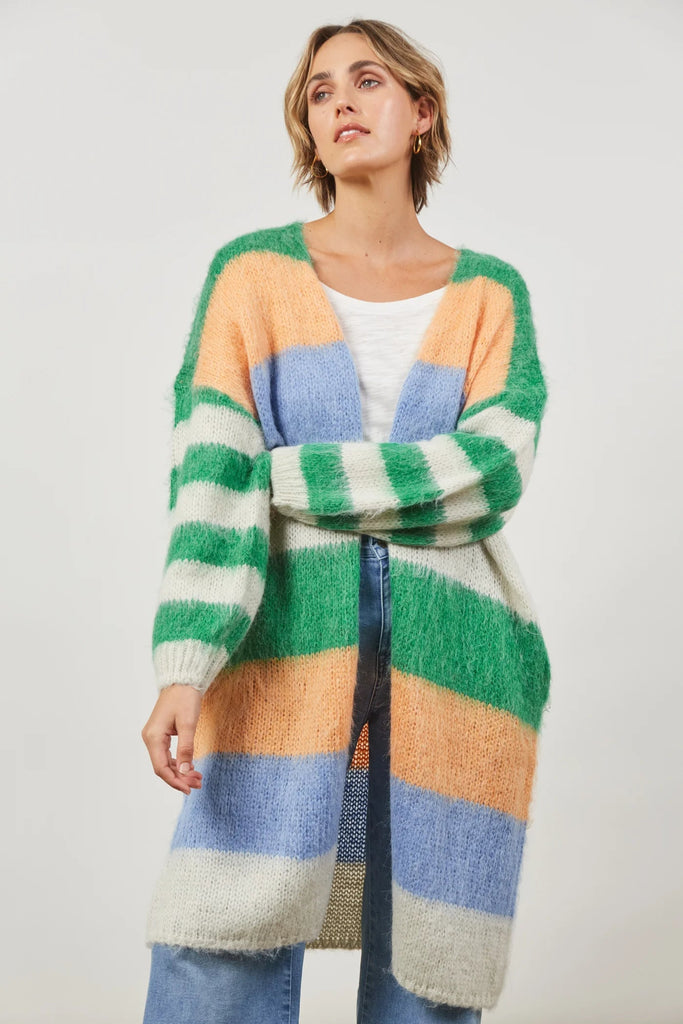 Serene Stripe Cardigan - Meadow Stripe-HAVEN-Cosy up in the Serene Stripe Cardigan. This knit cardigan is drapey and oversized with a thick and luxurious Mohair look for warmth. Ideal for layering, this cardigan effortlessly complements fitted silhouettes. It also features a striking striped patterning sure to draw admiration whenever you wear it. Open-style Drop shoulder Long sleeves Inseam pockets Knee-length Mohair look Relaxed fit 75% Acrylic, 25% Nylon One Size-Pash + Evolve