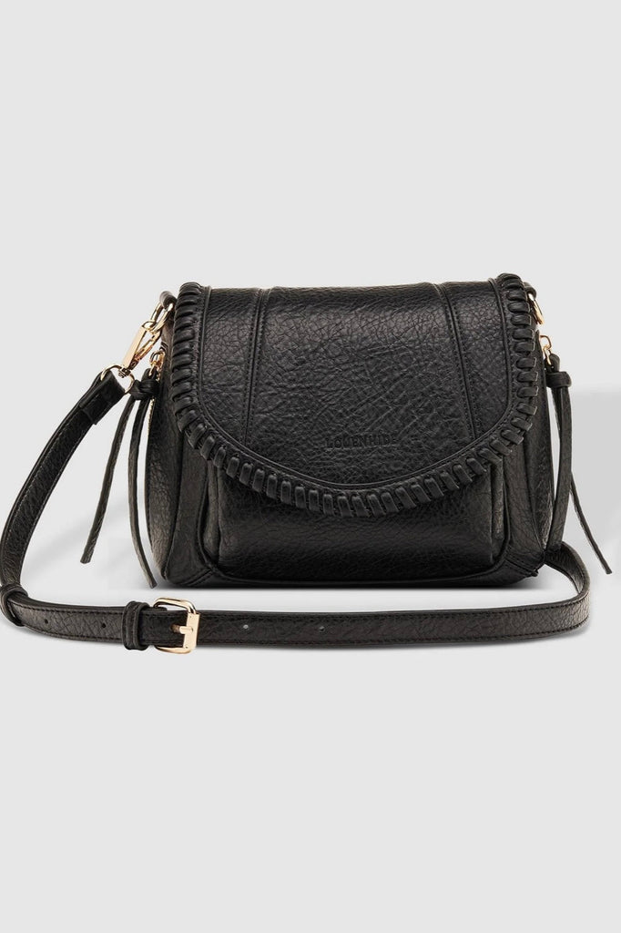 Shania crossbody bag - black-Louenhide-The Louenhide Shania Crossbody Bag is the epitome of elevated style that complements any summer ensemble. Available in a range of timeless summer neutrals, this casual women’s crossbody bag features a subtle woven vegan leather trim that adds a touch of effortless sophistication to your summer capsule wardrobe. With a spacious and organised interior that fits your everyday essentials, you can keep your belongings safe with the magnetic clasp flap closure. With its soft