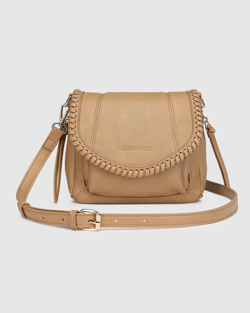 Shania crossbody bag - camel-Louenhide-The Louenhide Shania Camel Crossbody Bag is the epitome of elevated style that complements any summer ensemble. Available in a range of timeless summer neutrals, this casual women's crossbody bag features a subtle woven vegan leather trim that adds a touch of effortless sophistication to your summer capsule wardrobe. With a spacious and organised interior that fits your everyday essentials, you can keep your belongings safe with the magnetic clasp flap closure. With it