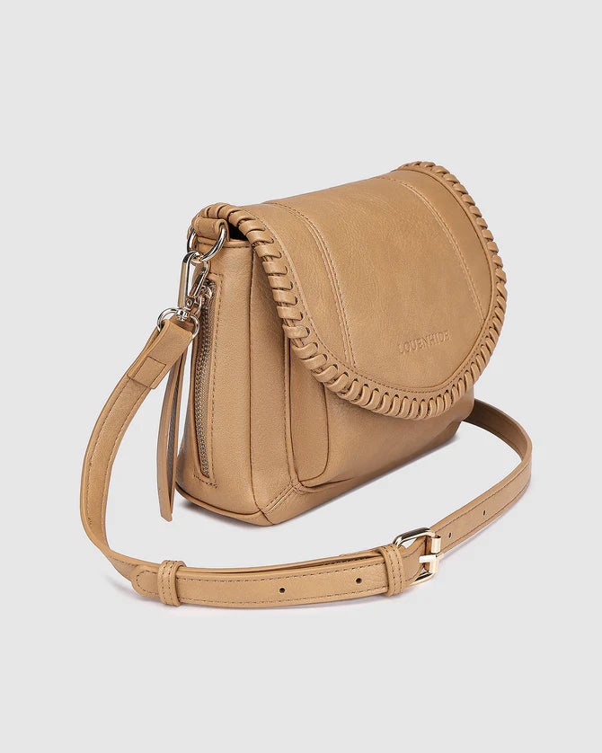 Shania crossbody bag - camel-Louenhide-The Louenhide Shania Camel Crossbody Bag is the epitome of elevated style that complements any summer ensemble. Available in a range of timeless summer neutrals, this casual women's crossbody bag features a subtle woven vegan leather trim that adds a touch of effortless sophistication to your summer capsule wardrobe. With a spacious and organised interior that fits your everyday essentials, you can keep your belongings safe with the magnetic clasp flap closure. With it