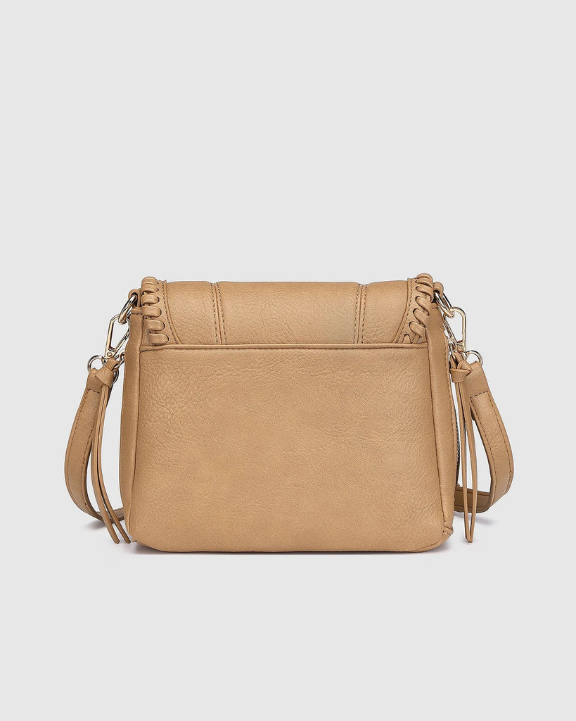 Shania crossbody bag - camel-Louenhide-The Louenhide Shania Camel Crossbody Bag is the epitome of elevated style that complements any summer ensemble. Available in a range of timeless summer neutrals, this casual women's crossbody bag features a subtle woven vegan leather trim that adds a touch of effortless sophistication to your summer capsule wardrobe. With a spacious and organised interior that fits your everyday essentials, you can keep your belongings safe with the magnetic clasp flap closure. With it