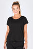 Shell Tee - Black-One Ten Willow-The women's shell tee is a modern, versatile wardrobe essential. It has a clean, minimalist design with a flattering round neckline that sits comfortably at the collarbone, offering a relaxed yet polished look. The short sleeves add just the right amount of coverage, ideal for layering or wearing solo in warmer weather. Its curved hemline is slightly longer at the back, creating a soft, feminine shape that looks great tucked in or left out. The tee is crafted from a blend of