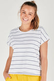 Shell Tee - White & Navy Stripe-One Ten Willow-Model Height: 176cm Model Size: 8-10 Model Wearing: Small Fabrication: 95% Cotton 5% Elastane Features: Round neckline Curve hemline Short sleeve-Pash + Evolve