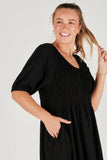 Shirred Bodice Maxi Dress - Black-One Ten Willow-Round Neck line Shirred Front & Back Bodice Elasticated sleeve opening Side seam pockets Fabrication: 95% Cotton 5% Elastane-Pash + Evolve