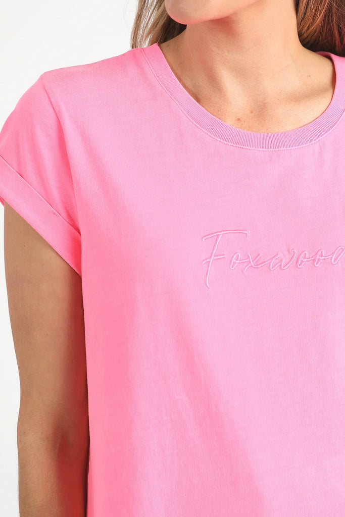 Signature Tee - Neon Rose-Foxwood-Our Signature Tee! For classic Foxwood style the artwork is embroidered and the tshirt features a rolled cuff sleeve and curved hemline. Front Chest Embroidery Rolled Cuff Curved Hem 100% Cotton Our model is 176cm and wears Size 10-Pash + Evolve