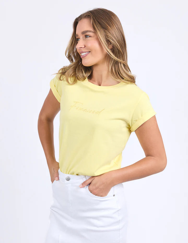 Signature tee - Lemon-Foxwood-Our Signature Tee! For classic Foxwood style the artwork is embroidered and the t-shirt features a rolled cuff sleeve and curved hemline. Front chest embroidery Rolled cuffs Curved hemline 100% Cotton Model is wearing a size 10-Pash + Evolve