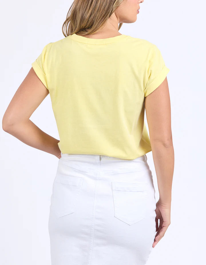 Signature tee - Lemon-Foxwood-Our Signature Tee! For classic Foxwood style the artwork is embroidered and the t-shirt features a rolled cuff sleeve and curved hemline. Front chest embroidery Rolled cuffs Curved hemline 100% Cotton Model is wearing a size 10-Pash + Evolve