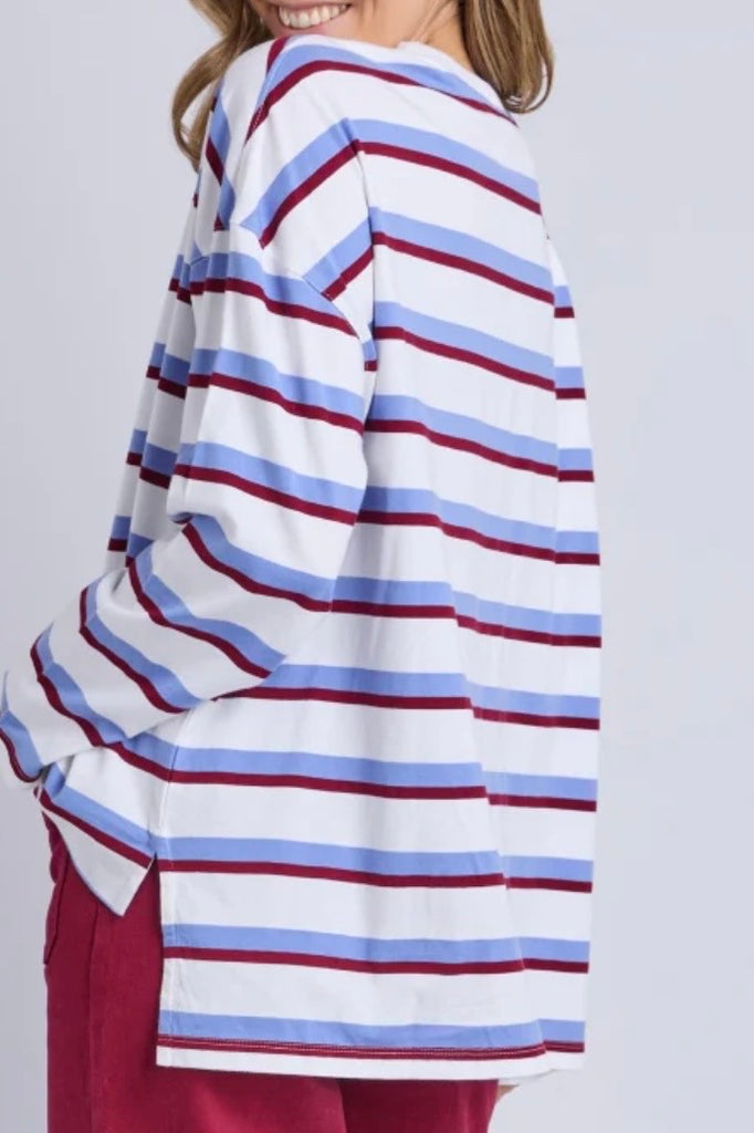Sigrid long sleeve tee - stripe-elm-*Hi-Low hemline *Blue/burgundy stripe *Round neck *Long sleeve *100% Australian Cotton*Designed in Australia-Pash + Evolve