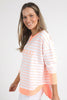 Simplified Crew Stripe - Neon Peach-Foxwood-The Striped version of our Best Selling Simplified Crew. This crew is the perfect throw over for your everyday wardrobe. With its round neck, hi-lo hemline, side splits with raw edging & the classic Foxwood logo, you are going to want one in every colour. Front chest embroidery Raw edge detail Yarn dyed stripe 100% Cotton Our model is 176cm and wears Size 10-Pash + Evolve