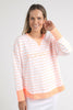 Simplified Crew Stripe - Neon Peach-Foxwood-The Striped version of our Best Selling Simplified Crew. This crew is the perfect throw over for your everyday wardrobe. With its round neck, hi-lo hemline, side splits with raw edging & the classic Foxwood logo, you are going to want one in every colour. Front chest embroidery Raw edge detail Yarn dyed stripe 100% Cotton Our model is 176cm and wears Size 10-Pash + Evolve