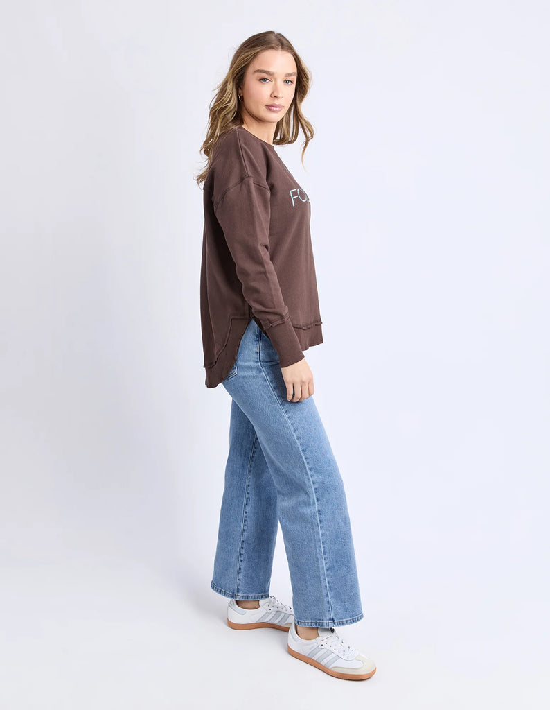 Simplified Metallic Crew - Coffee/Light Blue-Foxwood-The Bling version of our Best Selling Simplified Crew. This crew is the perfect throw over for your everyday wardrobe. With its round neck, hi-lo hemline, side splits with raw edging & the classic Foxwood logo, you are going to want one in every colour. The Metallic Crew has a stunning lurex thread run through the Foxwood embroidery for that little bit 'extra'. Front chest embroidery Raw edge detail Curved hem 100% Cotton Our model is 176cm and wears Siz