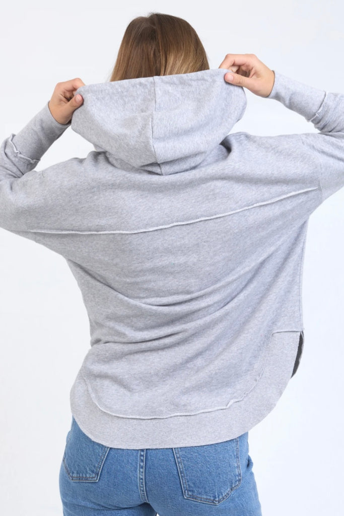 Simplified metallic hoodie - grey marle-Foxwood-Your everyday go-to just got a cozy upgrade. The Simplified Hoodie features the same relaxed vibe as our best-selling crew, with a soft hood and adjustable drawstrings for extra comfort. The hi-lo hemlie and side splits with raw edging are all there, with the signature Foxwood logo for that effortless, stylish touch. Perfect for layering or wearing solo, this hoodie is your new favorite for easy, all-day wear. You’ll want one in every color! Front chest embroi