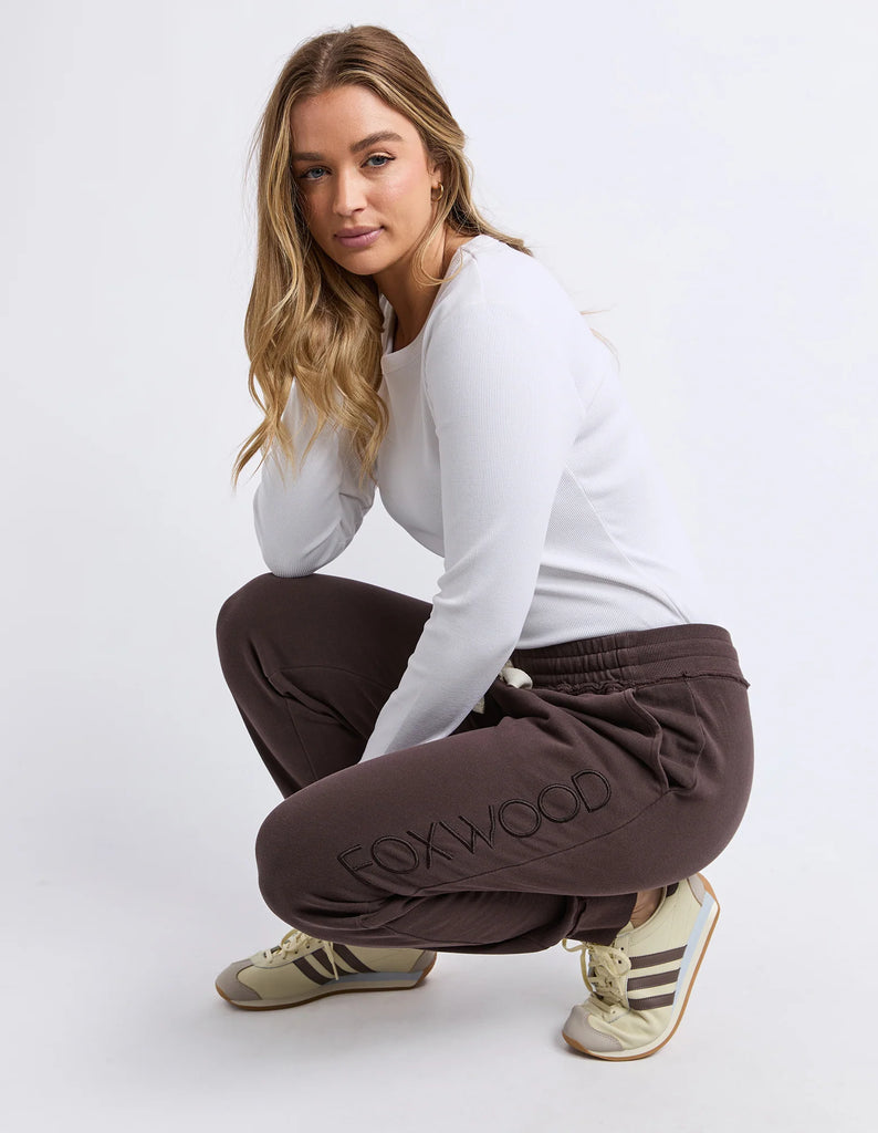 Simplified trackpant - coffee-Foxwood-The ultimate Foxwood Simplified Crew just got a BFF. The Simplified Pant is here and is set to be your favourite on-the-go trackpant for everyday style. Featuring a wide and super comfortable elastic waistband with drawstring tie. The Simplified Pant features the same raw edge detailing on the waist and cuffs as the best selling crew making these a stylish match back. Add side pockets for your treasure and our classic embroidered Foxwood logo on the leg and you have pan