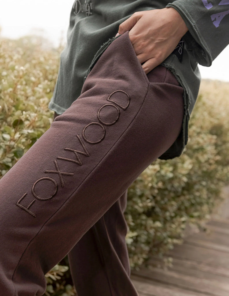 Simplified trackpant - coffee-Foxwood-The ultimate Foxwood Simplified Crew just got a BFF. The Simplified Pant is here and is set to be your favourite on-the-go trackpant for everyday style. Featuring a wide and super comfortable elastic waistband with drawstring tie. The Simplified Pant features the same raw edge detailing on the waist and cuffs as the best selling crew making these a stylish match back. Add side pockets for your treasure and our classic embroidered Foxwood logo on the leg and you have pan