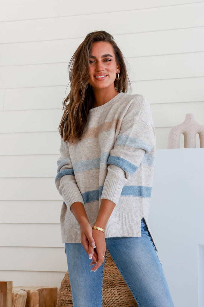 Sky knit - Latte/blue-Pash + Evolve-*Long sleeve *Round neck *Blue and tan stripe *Super soft *Hi-low hemline with side splits *65% Acrylic, 35% Wool-Pash + Evolve