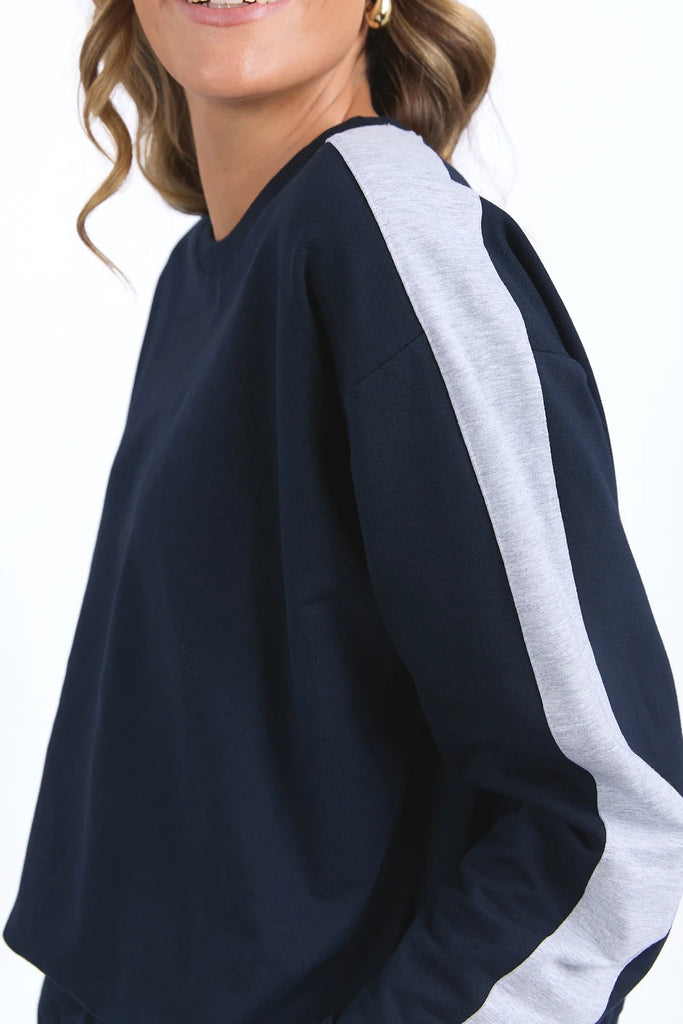 Sloane Fleece Crew - Navy/Grey Marle Trim-Elm-*95% Cotton, 5% Elastane-Pash + Evolve