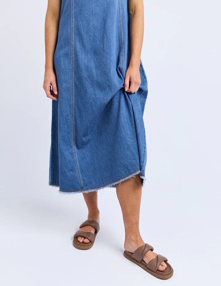 Solene Denim Dress - Mid Blue-Foxwood-Effortlessly chic and versatile, the Solene Denim Dress features a flattering A-line silhouette with clean seam detailing on the front and back. Designed with a back zip closure for ease, it’s perfect for casual days or dressed-up evenings. Back zip opening Front and back seam detail 100% Cotton Our model is 176cm and wears Size 10-Pash + Evolve