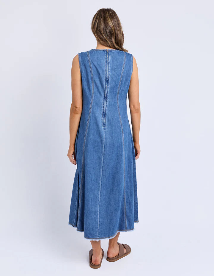 Solene Denim Dress - Mid Blue-Foxwood-Effortlessly chic and versatile, the Solene Denim Dress features a flattering A-line silhouette with clean seam detailing on the front and back. Designed with a back zip closure for ease, it’s perfect for casual days or dressed-up evenings. Back zip opening Front and back seam detail 100% Cotton Our model is 176cm and wears Size 10-Pash + Evolve