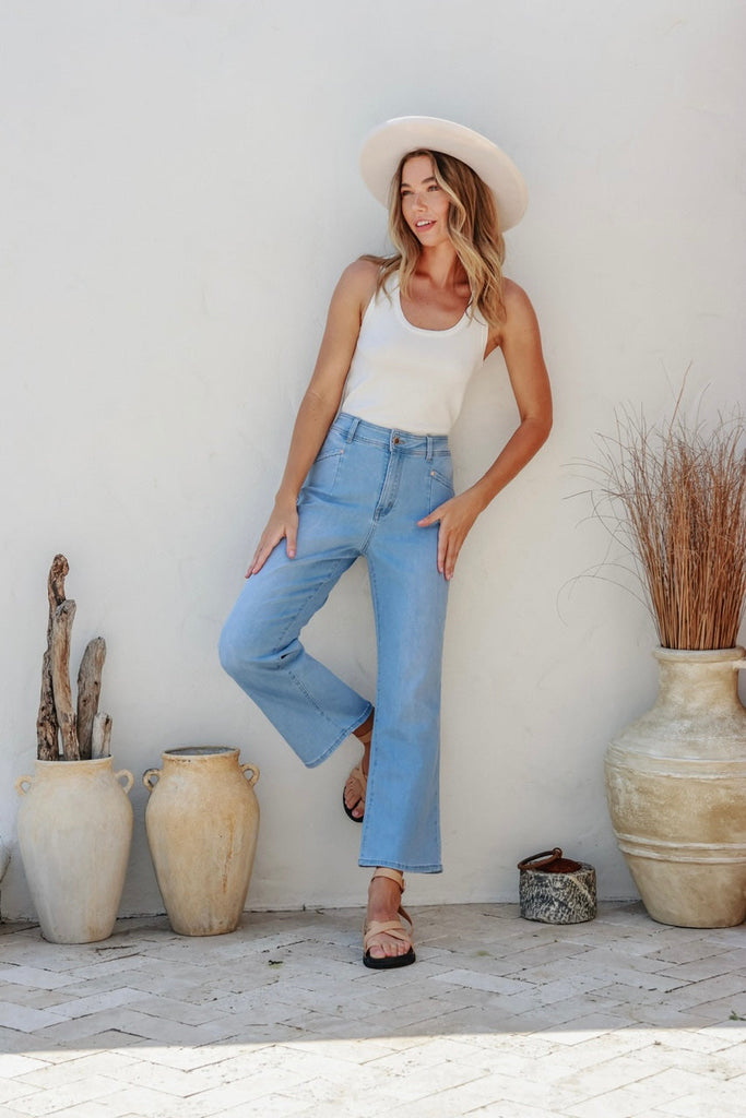 Sophie flare jean - light blue-Pash + Evolve-Our Sophie flare legged jean are a must have. They are so incredibly soft and stretchy, you will never want to take them off. Simply pair with your favourite knit for a cute and comfy outfit. *Super stretchy *Lightweight denim *Pockets *Flared leg-Pash + Evolve